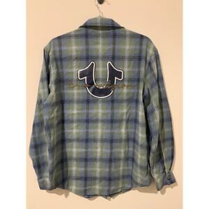 True Religion Long Sleeve Button Down Shirt Graphic Large Letter Medium Plaid